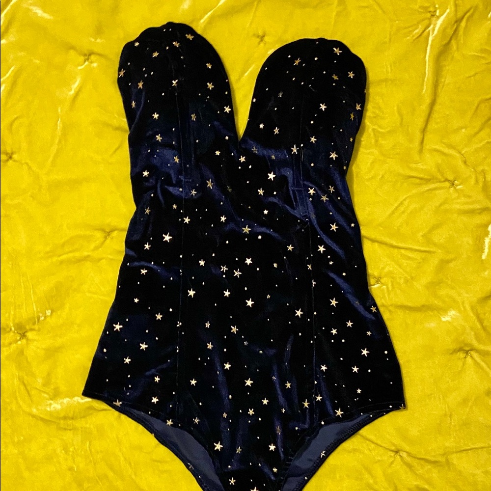 Navy blue velvet bodysuit gold star embellishment